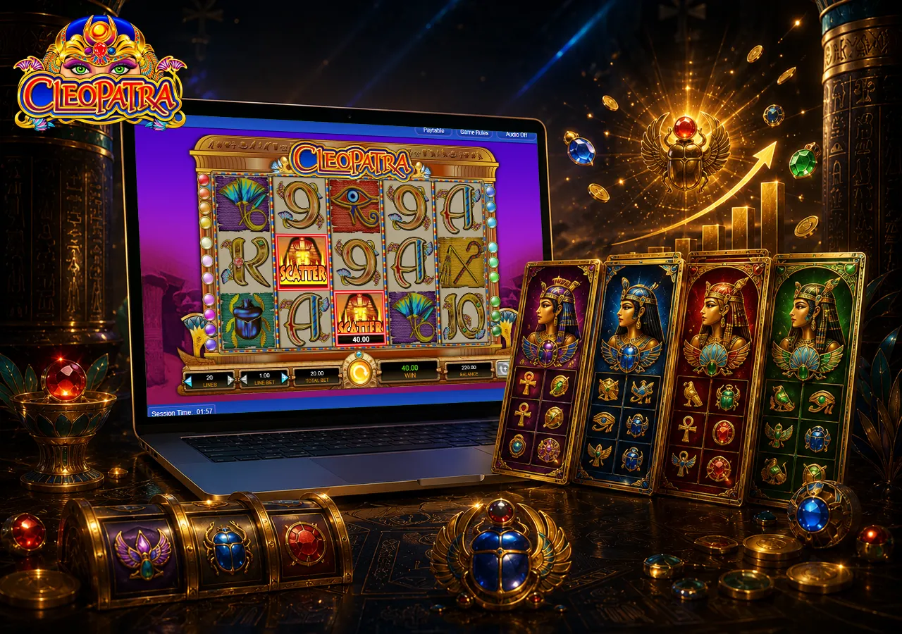 Slot version comparison on laptop with game cards, varied Egyptian motifs and structured review details